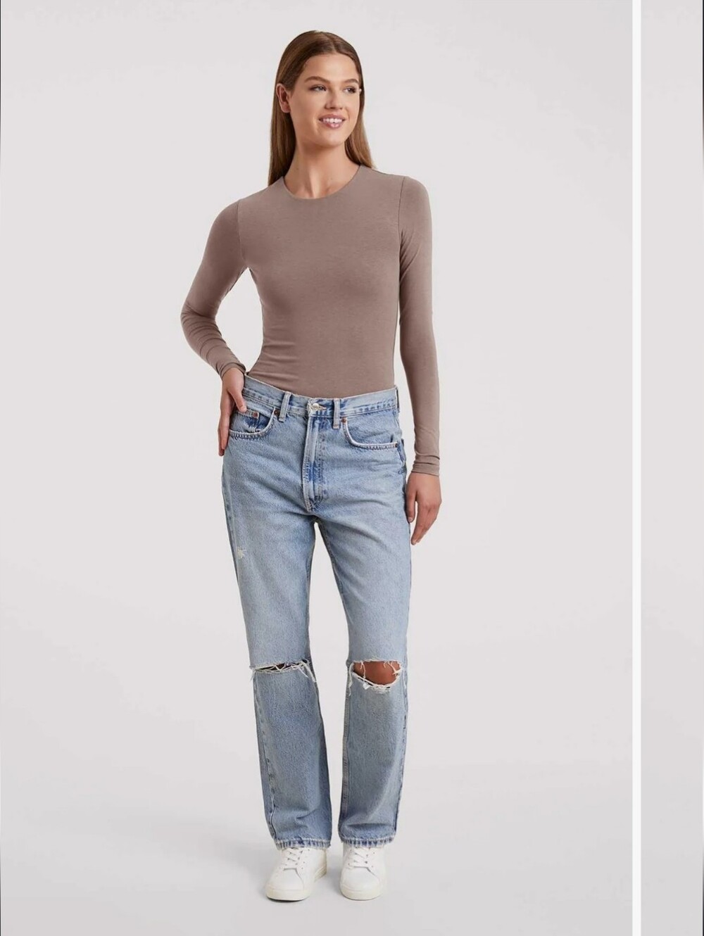Nuuds Long Sleeve Crewneck Bodysuit - Size L Mocha